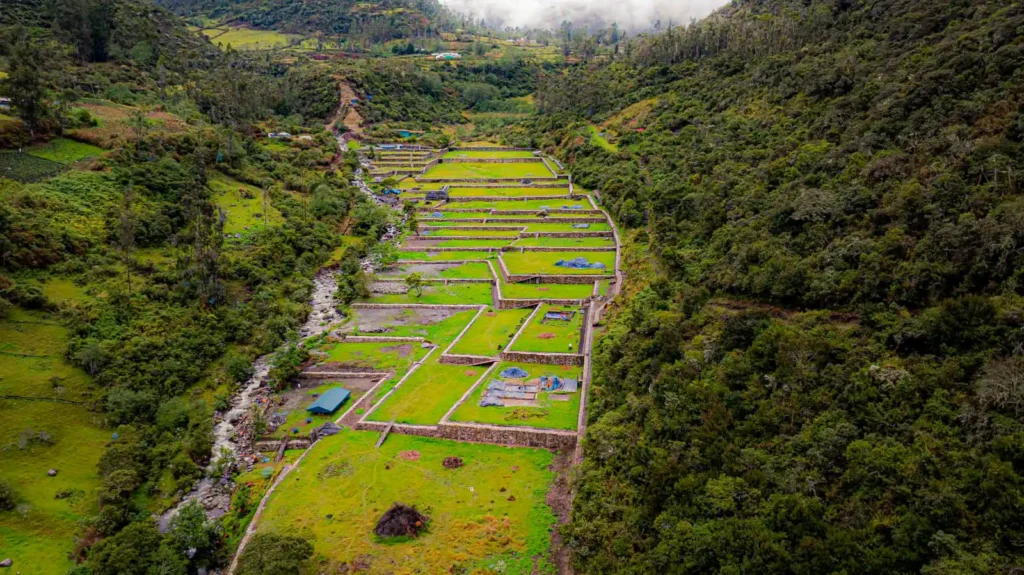 aerial-view-of-platforms-restoring-in-yuraq-rumi-in-vilcabamba